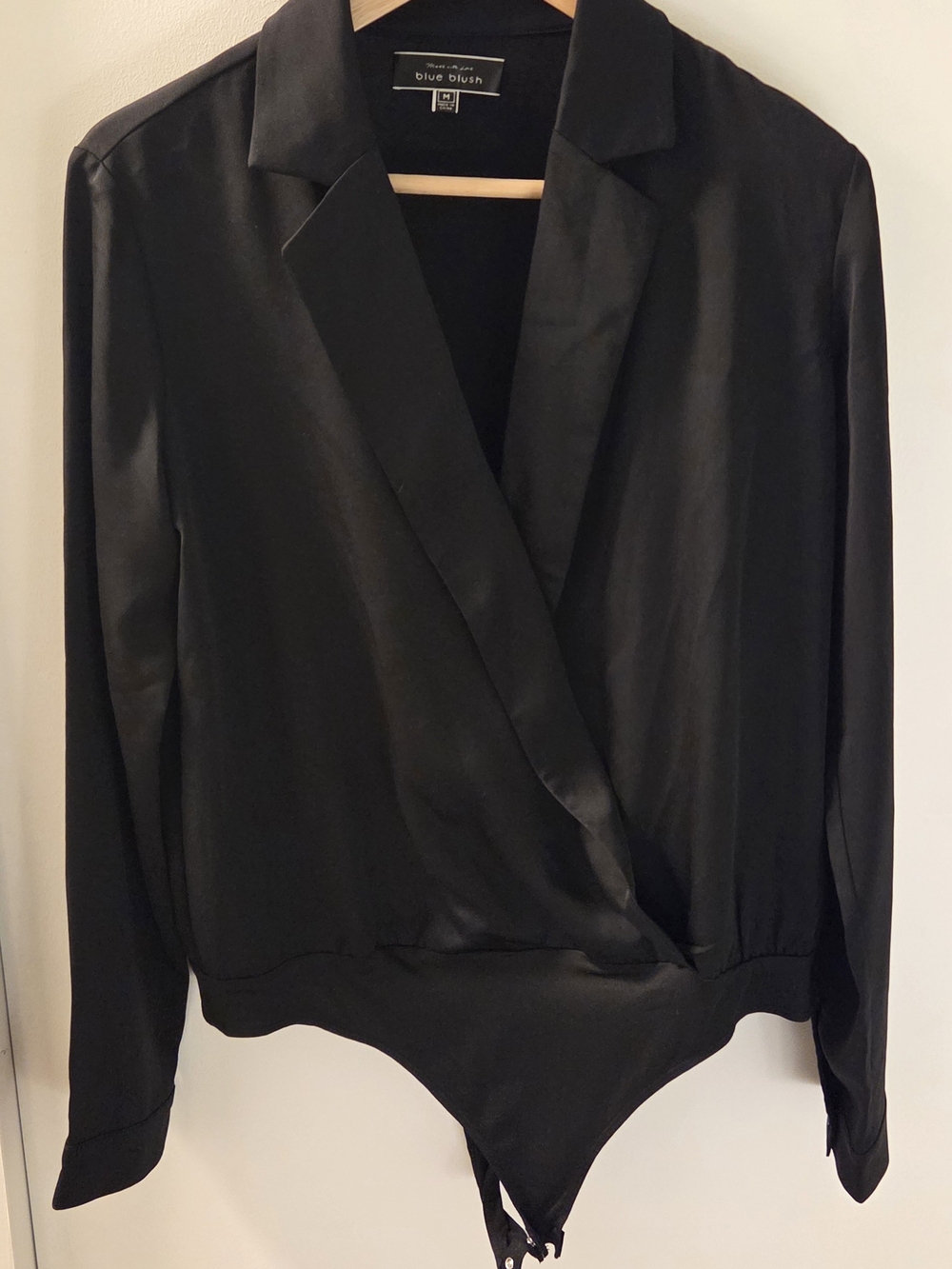 Blue Blush Black Satin Wrap-Front Long Sleeve Bodysuit